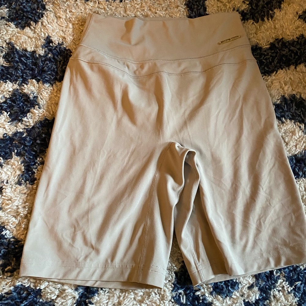 Tan Bike Shorts with High-Rise Waistband and Seamless Design
